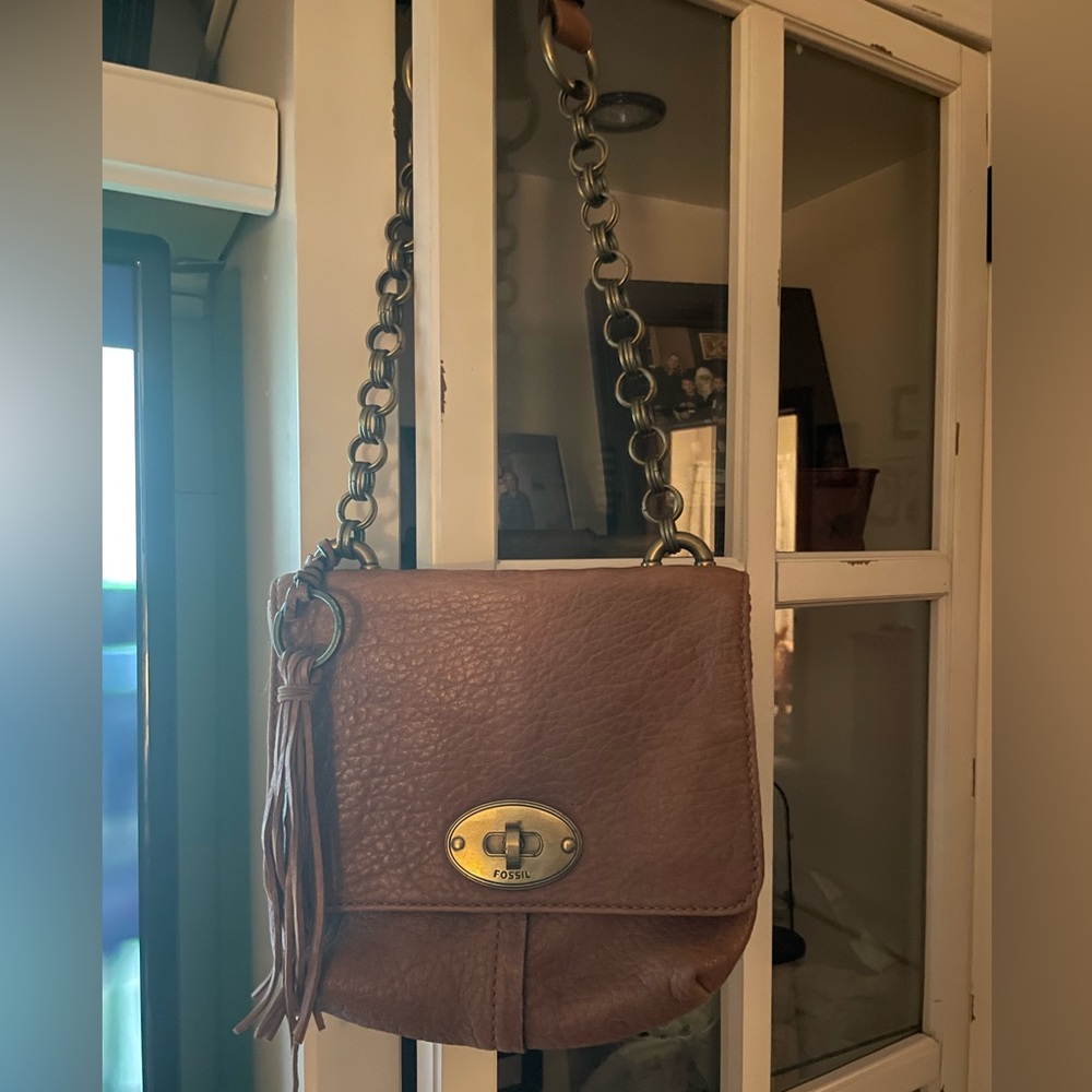 Vintage 90s Fossil leather shoulder bag round saddle purse brown brass chain